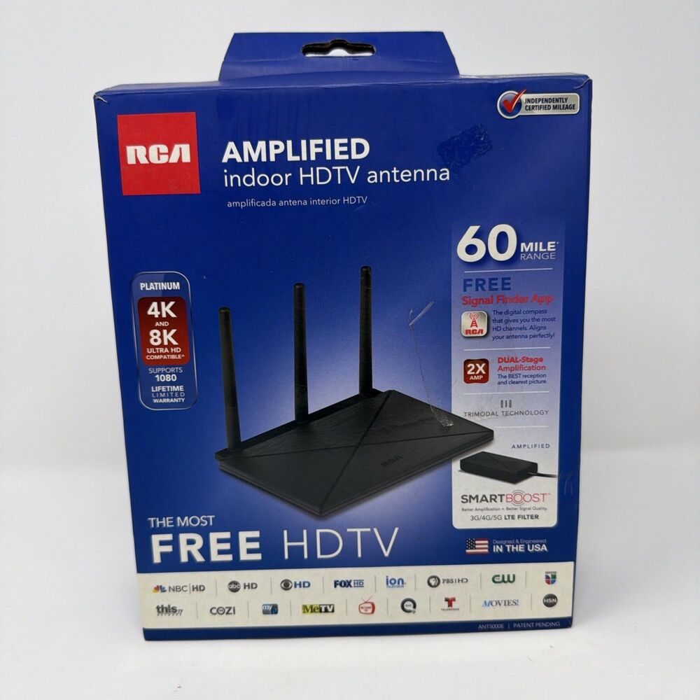 RCA Amplified Flat Indoor HD TV Antenna with Amplifier, 60 Mile Range, 4K, 8K